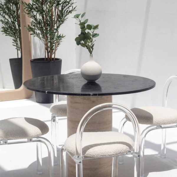 Cynthia Black Marquina Marble Dining Table with Travertine Base
